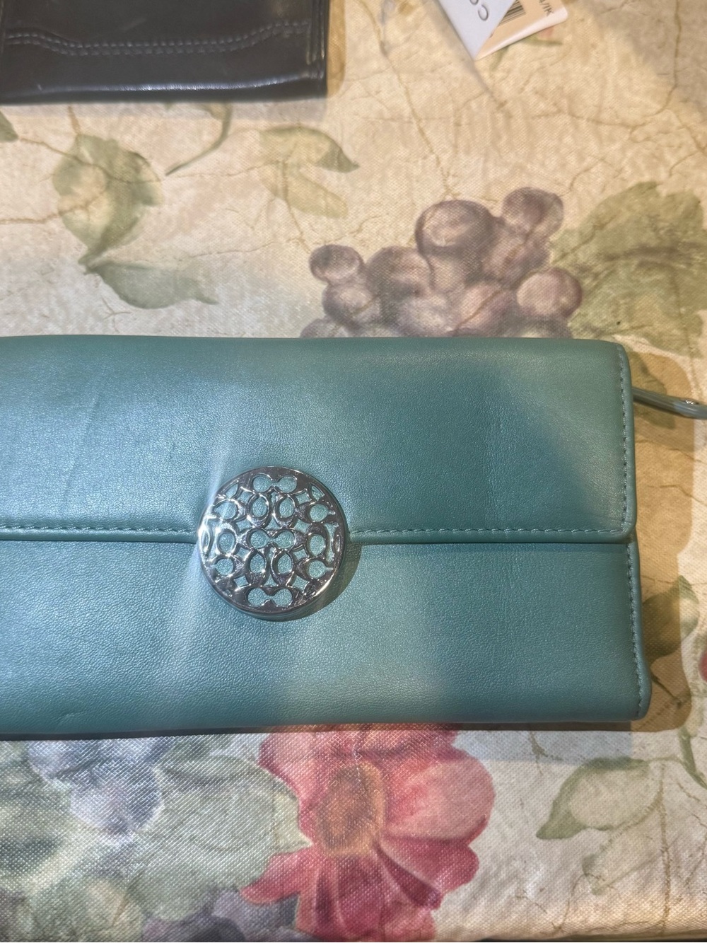 Coach Teal Leather Wallet with Decorative Metal Emblem